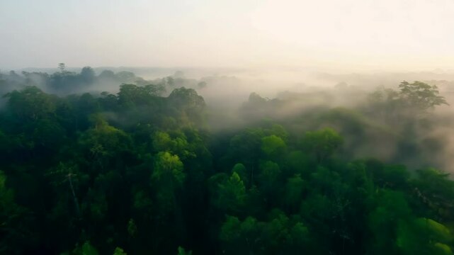 A breathtaking aerial FPV shot soaring above mist-covered jungle treetops in the early morning light.