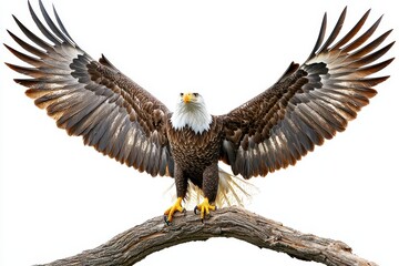 Obraz premium Majestic Bald Eagle Spreading Wings on Branch in Natural Habitat