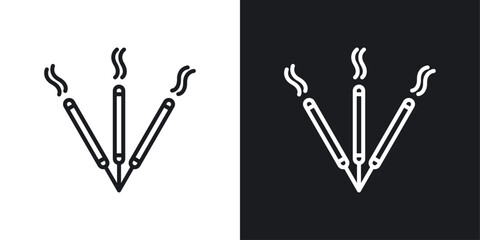 Burning incense stick icons set in black and white stroke lines