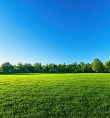 Fototapeta premium Lush Green Field Under Bright Blue Sky in Early Morning Light Surrounded by Vibrant Trees and Natural Beauty in a Peaceful Natural Landscape