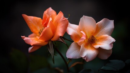 Fototapeta premium Close-up of two peach-orange roses in soft focus, dark background