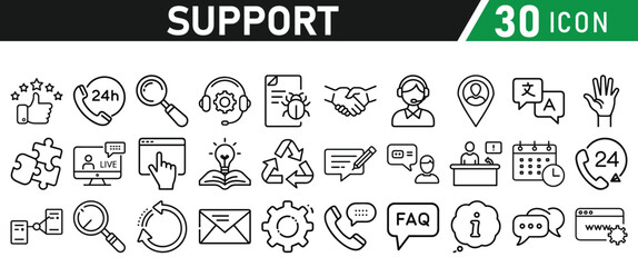 Support icon set—liner style icon for web. Contains icons IT Support, Help Desk, Call Center, Customer Service, call center, Representative, Instructions. Icons vector collection