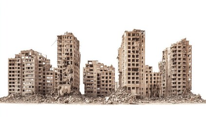 A post-apocalyptic, destroyed city with apartment buildings, isolated on a white background