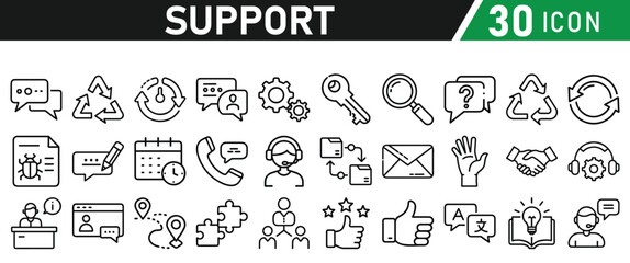 Support icon set—liner style icon for web. Contains icons IT Support, Help Desk, Call Center, Customer Service, call center, Representative, Instructions. Icons vector collection