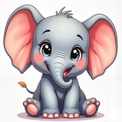 Obraz premium Joyful little elephant sitting on white background, adorable illustration