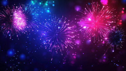 Fototapeta premium Colorful Fireworks Exploding in Night Sky With Bright Neon Lights and Sparkling Effects