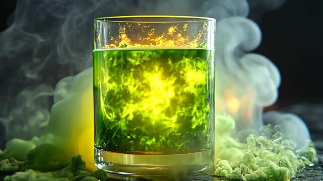 Vibrant green potion in a glass with swirling smoke and glowing effects
