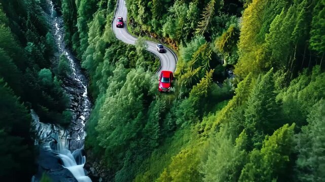 Breathtaking aerial view of winding road in Bregaglia Valley, Switzerland with lush greenery, Aerial Bregaglia valley Switzerland Maloja pass