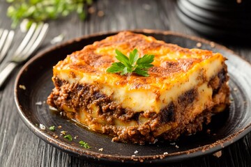 Savory layers of pasta, meat, and cheese create a hearty dish presented on a rustic plate. Fresh herbs garnish the lasagna, adding color and flavor