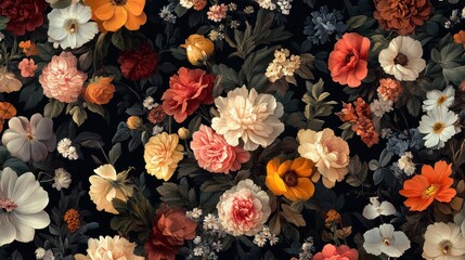 Fototapeta premium An artistic arrangement of colorful flowers against a dark background