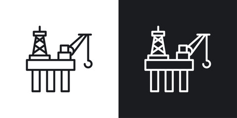 Oil platform icons set in black and white stroke lines