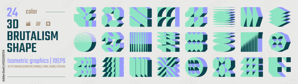 Poster 3d color postmodern abstract geometric graphic elements, brutalist vector shapes, refraction and dis