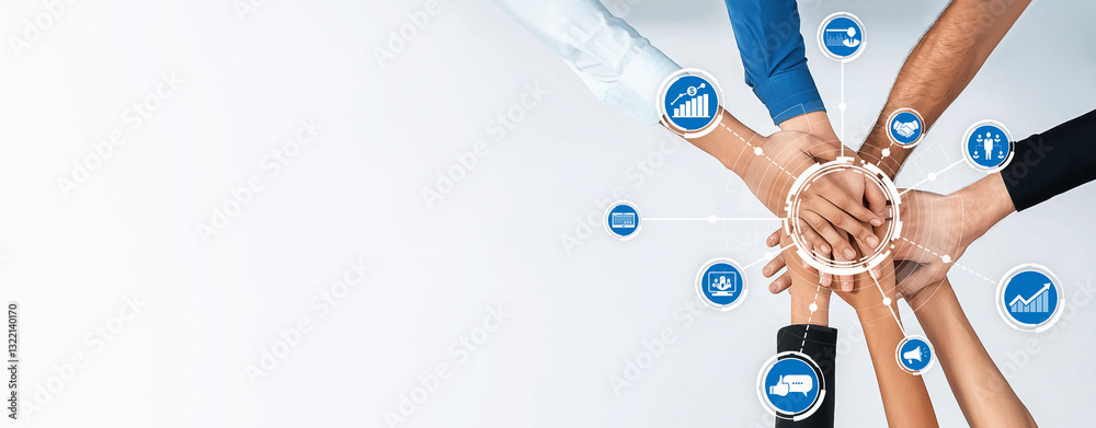 Aufkleber a powerful image showcasing diverse hands coming together in unity, surrounded by business icons sym