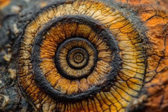 This closeup photo showcases the intricate details and patterns of a snails shell revealing its unique structure and texture Closeup photo of the spirals on a snail shell .