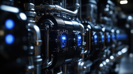Fototapeta premium Complex machinery with pipes, dark casing, and blue lights in a clean environment