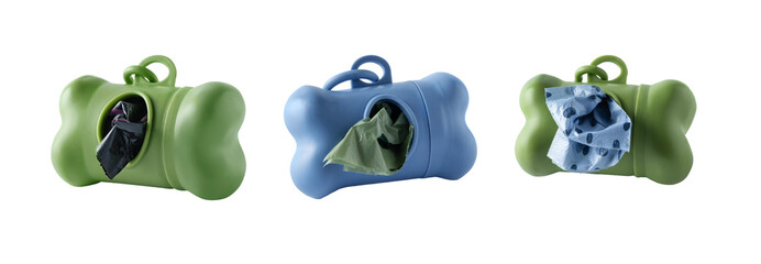 Collection of dispensers with biodegradable dog waste bags isolated on transparent background. Pet...