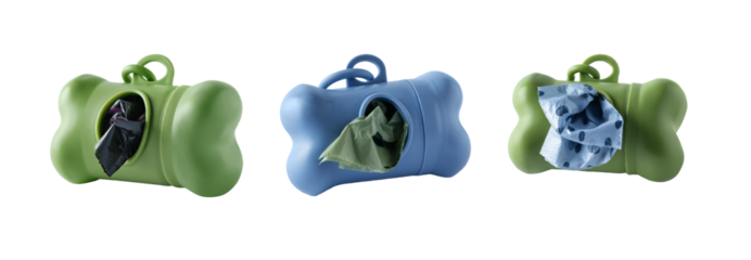 Collection of dispensers with biodegradable dog waste bags isolated on transparent background. Pet recycling waste disposable bag in container in shape of bone.