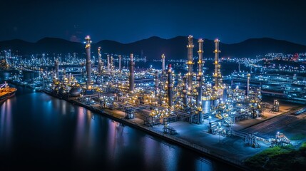 Fototapeta premium A business and industrial area with a production plant for the transportation and export of crude oil and gas, filmed at night by a drone