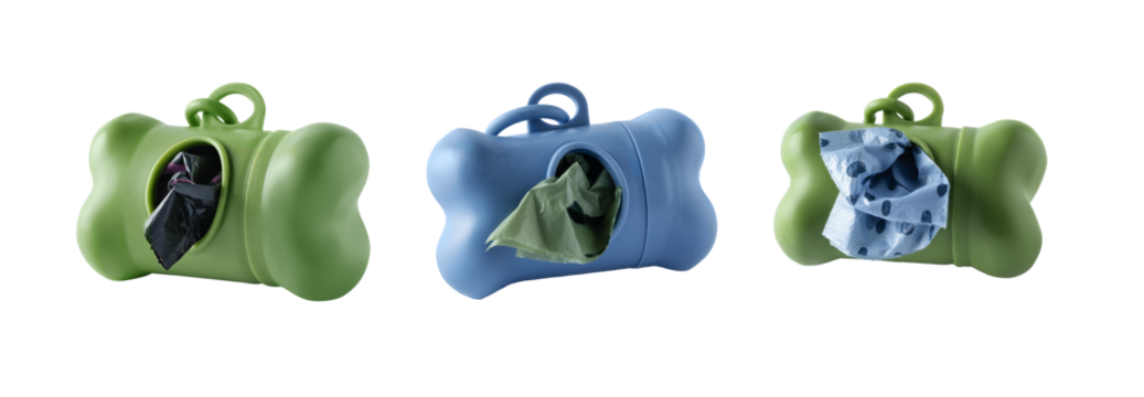 Collection of dispensers with biodegradable dog waste bags isolated on transparent background. Pet recycling waste disposable bag in container in shape of bone.