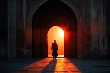 Silhouette of a man walking towards a bright sunrise through an ancient archway.
