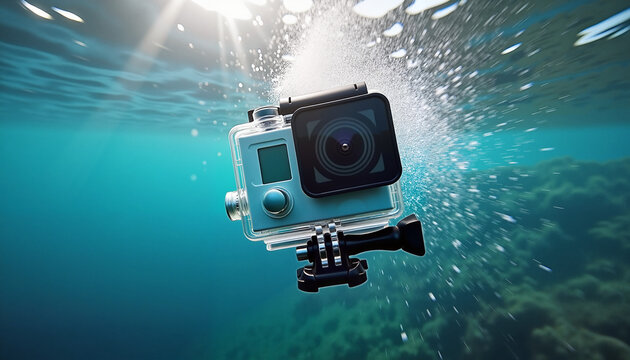 Action camera floating underwater with bubbles - Powered by Adobe
