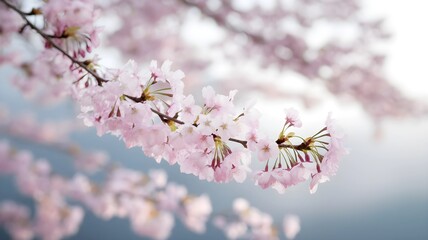 Delicate Pink Cherry Blossoms in Springtime. Close up of a branch laden with delicate pink cherry blossoms in full bloom.