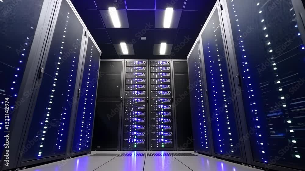 Poster modern server room features advanced technology with illuminated panels and efficient cooling system