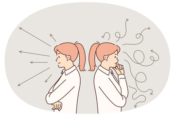 Women trying to make choice between different ways to solve problem standing among arrows