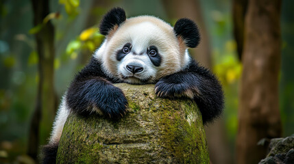 Obraz premium giant pandas resting on a large rock under sunlight in a lush green habitat, adorable black and white bears lounging in nature, wildlife photography of endangered species