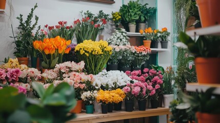 Fototapeta premium A display of various colorful flower arrangements and potted plants