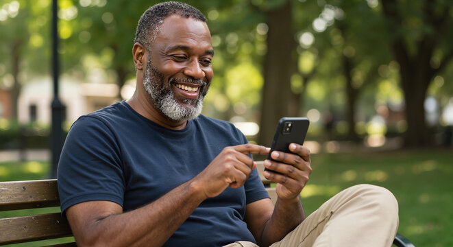 Smiling senior Black man using smartphone on park bench, with joyful mood, representing connection or communication, against blurred green background