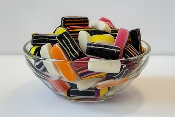 An assortment of licorice allsorts, with their distinct layers and patterns, displayed in a clear bowl