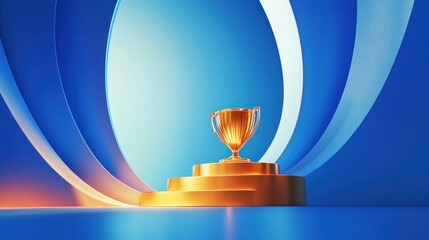 Golden trophy on a tiered podium, vibrant blue and cream backdrop