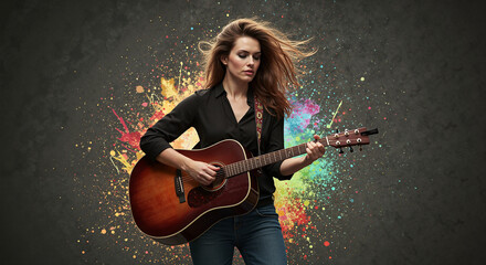 Fototapeta premium Young woman playing guitar with colorful paint splashes