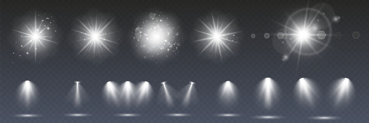 Yellow glowing light explodes on a transparent background. Sparkling magical dust particles. Bright Star. Transparent shining sun, bright flash. Vector sparkles.