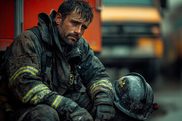 A weary firefighter sits on the ground, covered in soot and sweat, taking a moment to rest after responding to an intense fire in the city Generative AI
