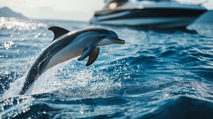 Obraz premium Dolphin happily jumping from the ocean surface near a boat 
