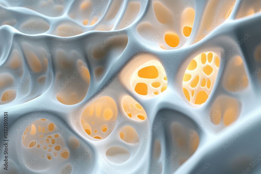 Poster abstract 3d rendering of a porous, organic structure with glowing inner cavities, resembling a spong