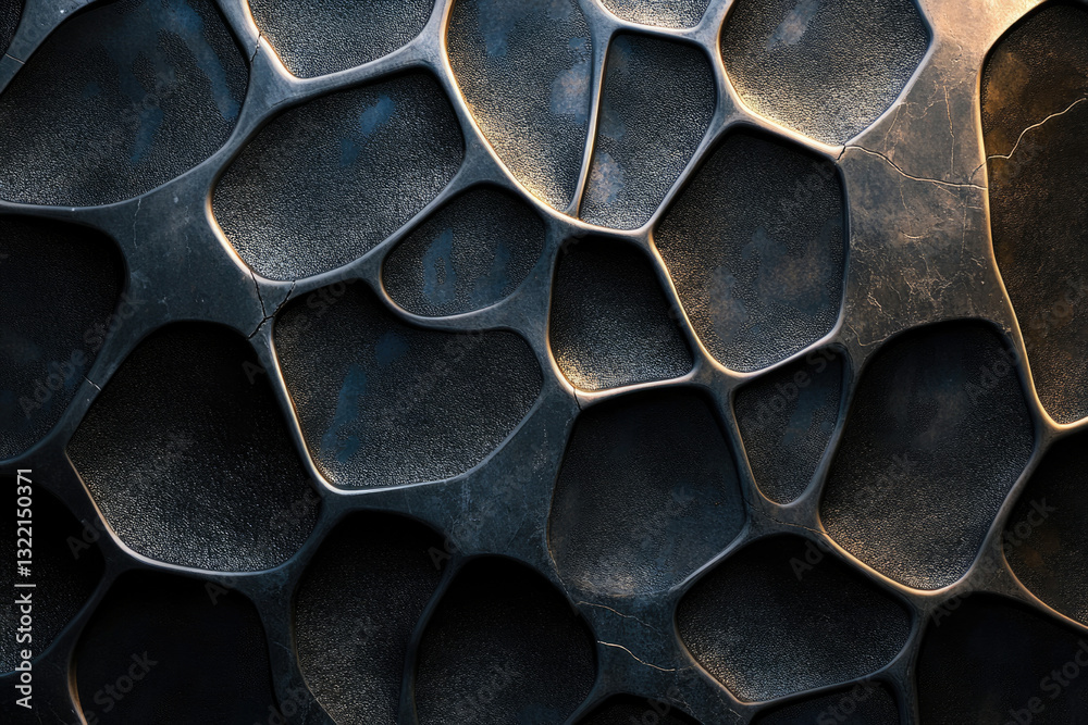 Poster abstract dark metallic surface with an intricate, organic, honeycomb-like pattern.