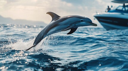 Fototapeta premium Dolphin happily jumping from the ocean surface near a boat 