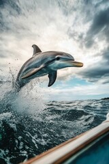 Fototapeta premium Dolphin happily jumping from the ocean surface near a boat 