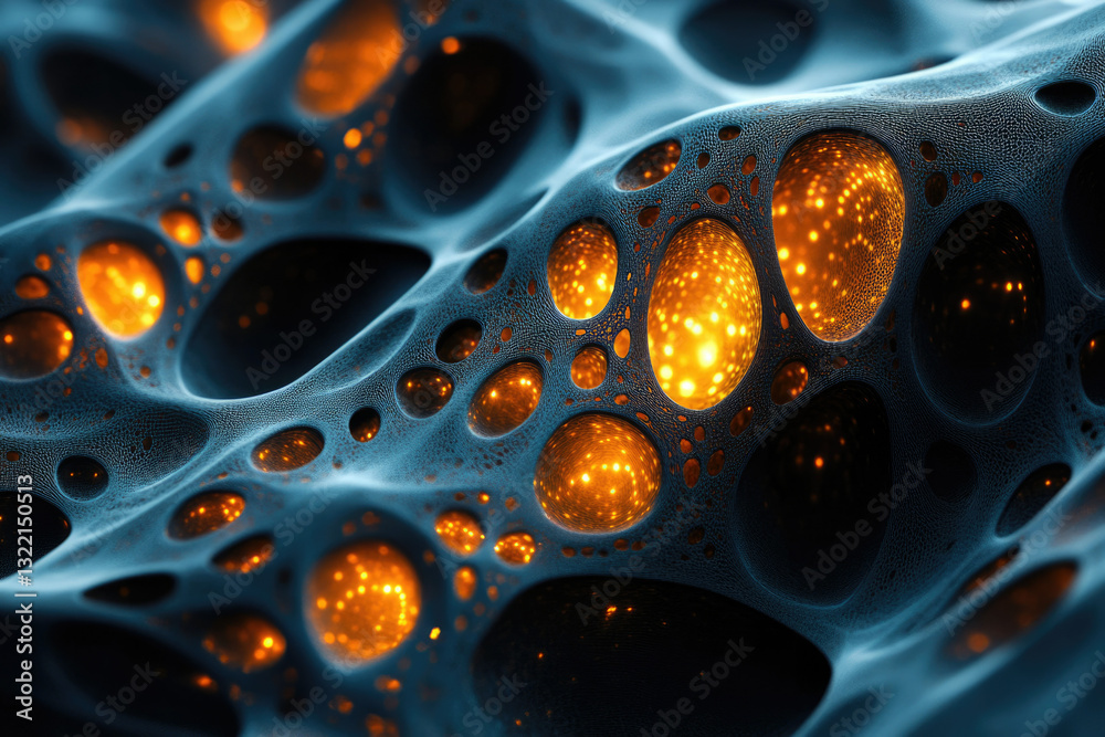 Poster abstract 3d render of a dark, porous surface with glowing orange spheres inside, resembling a futuri