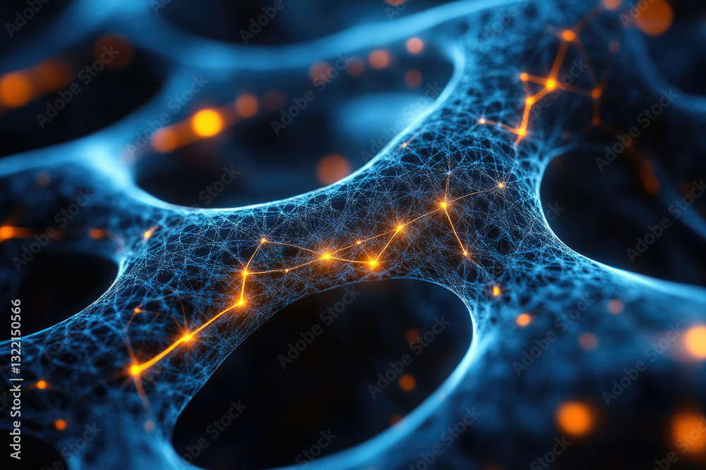 Poster Abstract digital network, glowing nodes interconnected, forming a complex web-like structure.
