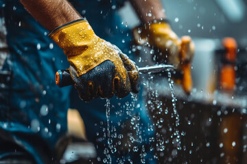 A construction worker in protective gloves sprays water on tools at a job site while heavy rain falls, creating a busy and challenging environment Generative AI