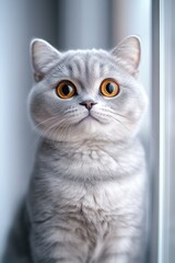 Obraz premium Close-up portrait of a grey British Shorthair cat with bright orange eyes, sitting near a window. The cat's fur has a subtle speckled pattern