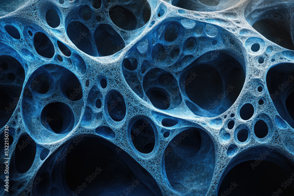 Poster abstract 3d render of a blue, porous, interconnected network resembling a complex biological structu