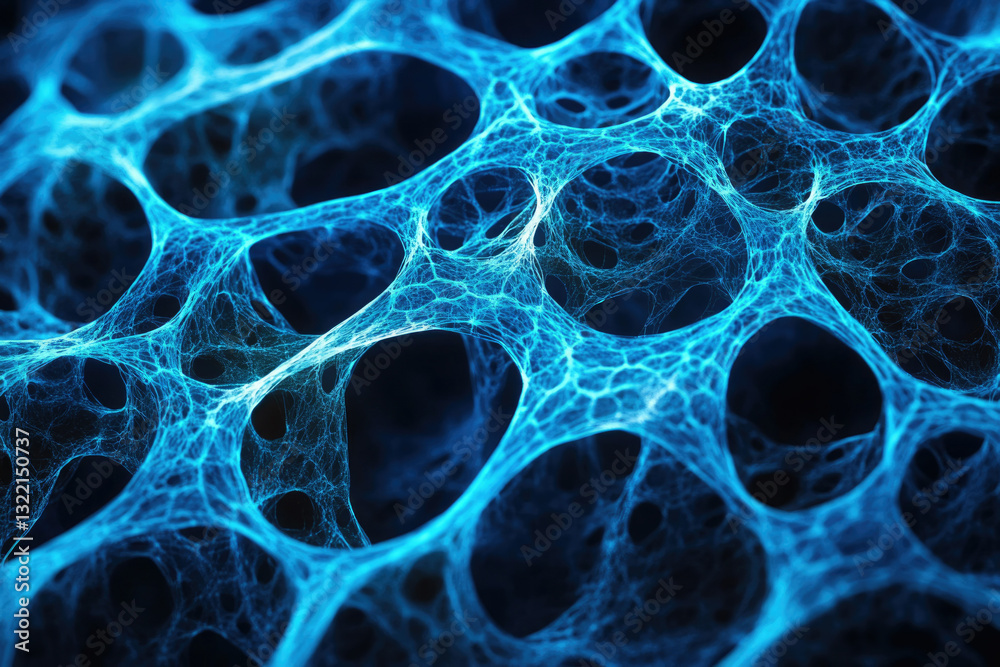 Poster Abstract blue glowing network, intricate web-like structure, complex interconnected nodes, digital rendering.