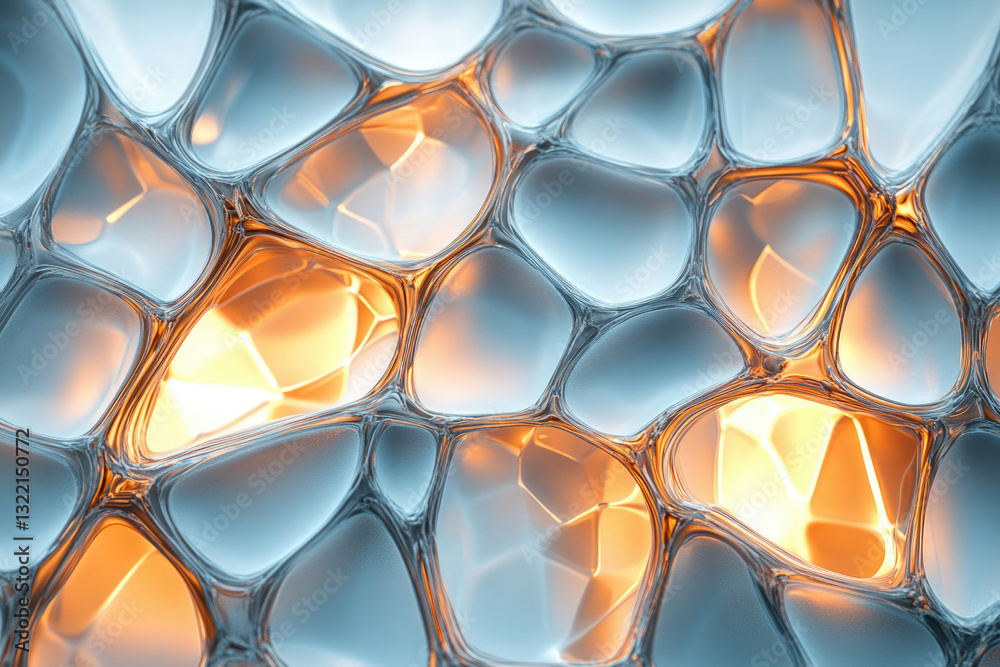 Poster abstract image depicting a network of interconnected, fluid, glowing cells in shades of blue and ora
