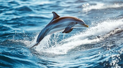 Fototapeta premium Dolphin happily jumping from the ocean surface near a boat 
