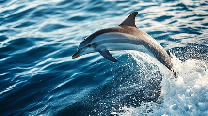 Dolphin happily jumping from the ocean surface near a boat 